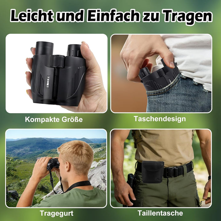Fernglas für Erwachsene und Kinder, 10x25 Kompaktes Kleines Fernglas mit HD Linsen, Leicht, mit Gürt