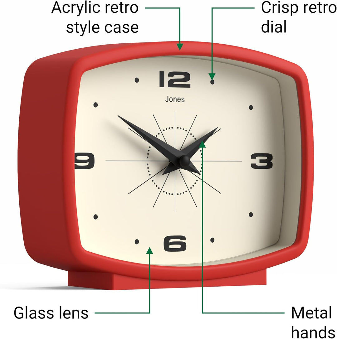 JONES CLOCKS® Film Schreibtischuhr | Rechteckiges retrodesign | Rot | Midcentury Stil mit modernem F