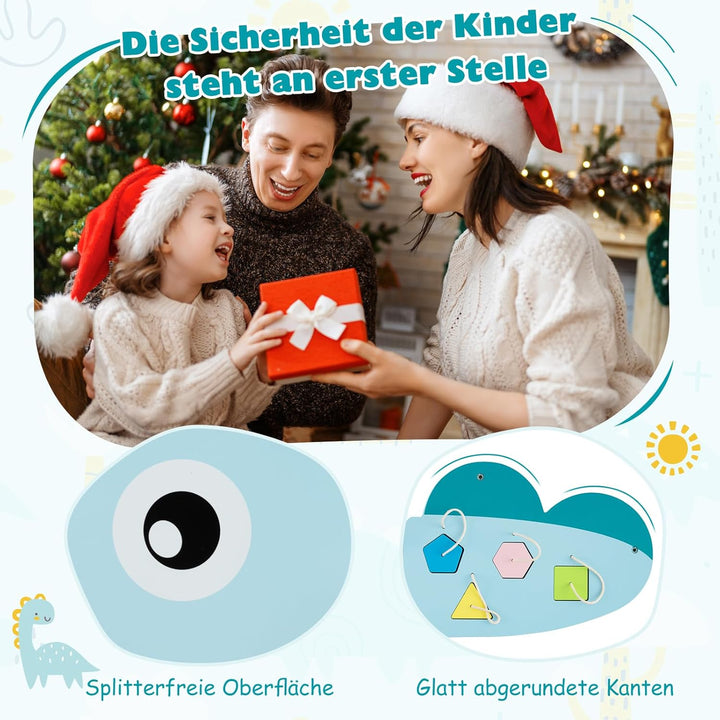 DREAMADE Montessori Busy Board, Motorikbrett aus Holz mit Blöcken & Xylophon & Zahnrädern & Uhr, Mon