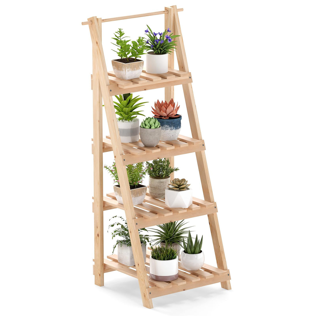 COSTWAY Blumentreppe klappbar, Leiterregal mit 4 Ablagen, Blumenregal aus Tannenholz, Pflanzleiter P