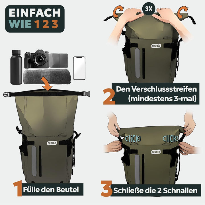 Ruqqle Wasserdichter Rucksack, vielseitig, wasserdicht Tasche, Dry Bag 20/30/45 l, mit 3 Aussentasch