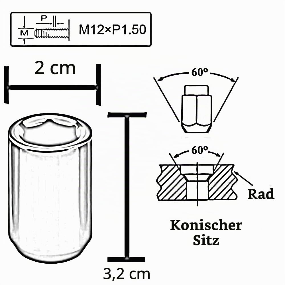 20 Stück Kegel 60° Schmal Sechskantschlüssel Stahl Lug Nuts M12 x 1,5 Radmuttern (Rot), rot