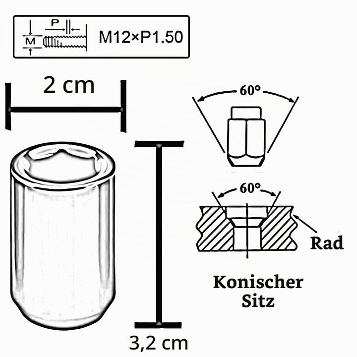 20 Stück Kegel 60° Schmal Sechskantschlüssel Stahl Lug Nuts M12 x 1,5 Radmuttern (Rot), rot