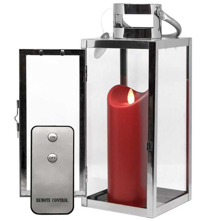 Dekovita Edelstahl-Laterne - 30cm Gartenlaterne mit 18cm Outdoor LED Kerze in Rot mit Timer Fernbedi