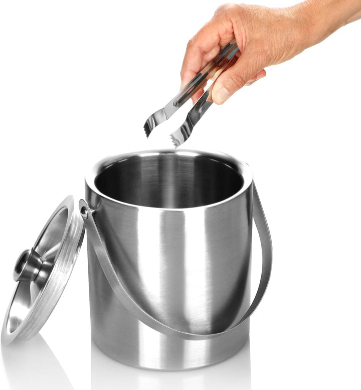 com-four® EIS-Eimer aus Edelstahl - Eiswürfel-Behälter doppelwandig mit Deckel, Henkel und Zange - S