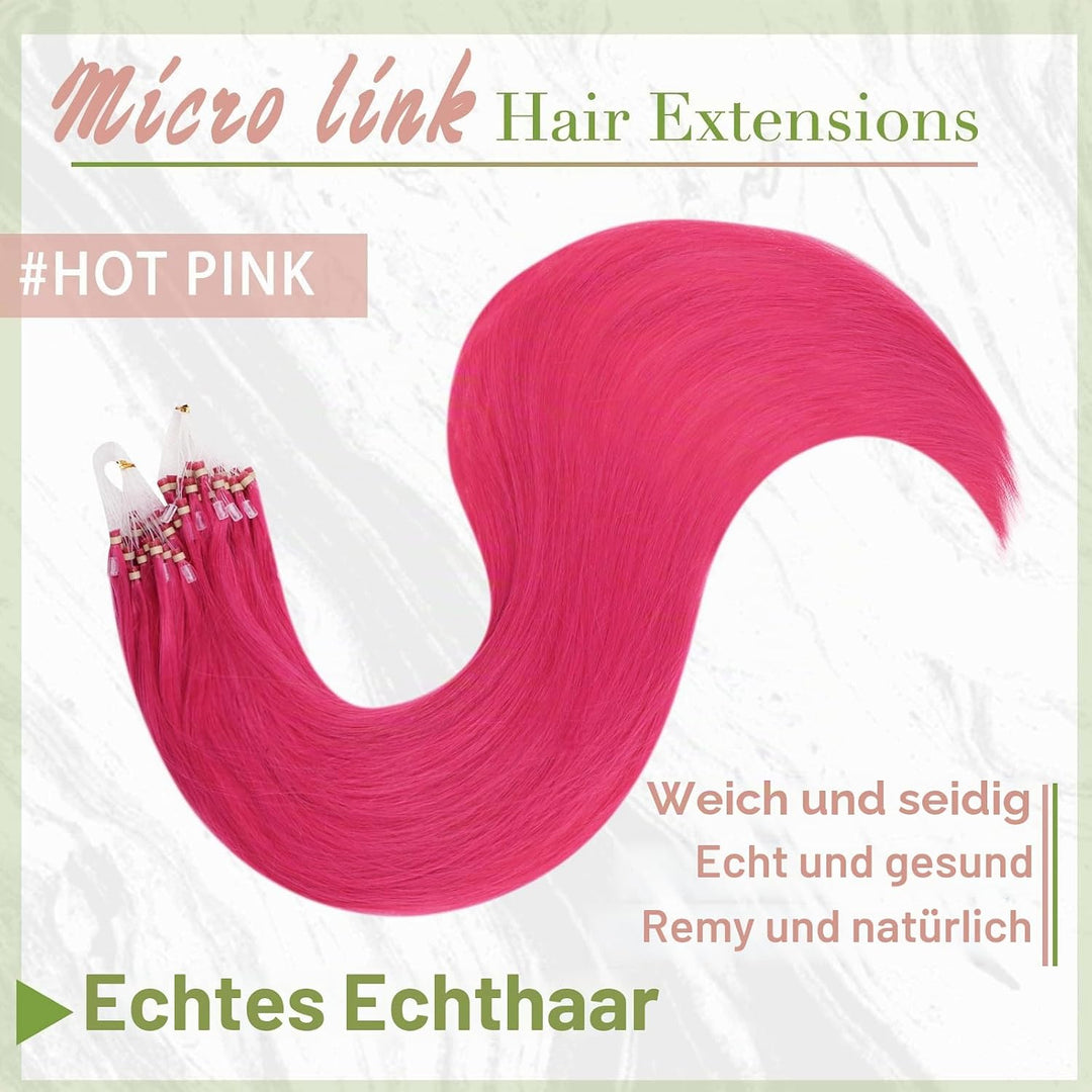 RUNATURE Extensions Echthaar Microring Rosa 40cm Menschliches Haar 25s 1g Heiss Pink Haarverlängerun