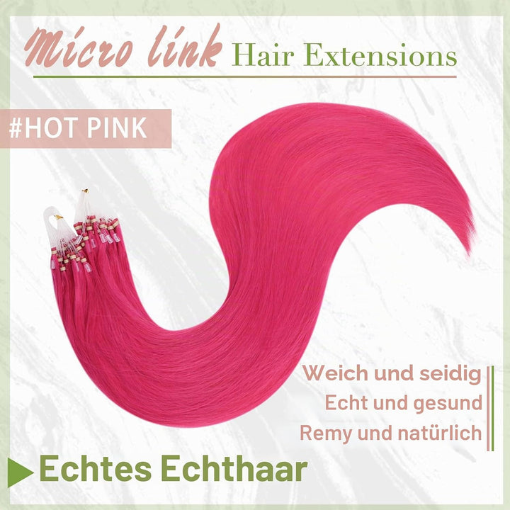 RUNATURE Extensions Echthaar Microring Rosa 40cm Menschliches Haar 25s 1g Heiss Pink Haarverlängerun