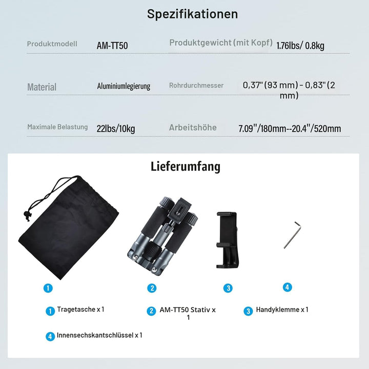 SIRUI Mini Stativ Kamera 52cm Aluminium kleines Tischstativ Reisestativ mit 360° Kugelkopf für DSLR,