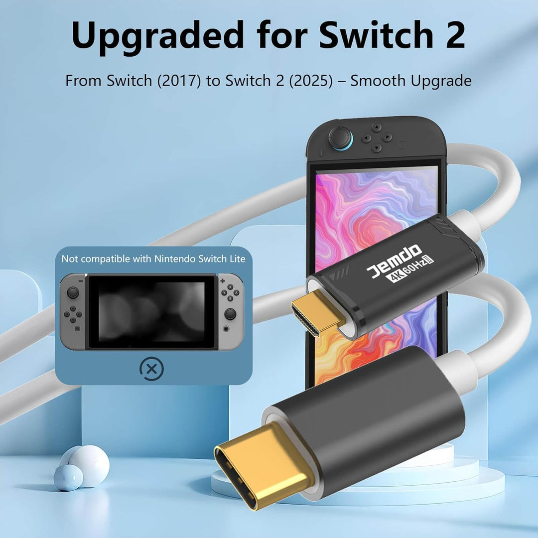 JEMDO Switch 2 Dock HDMI Kabel für Fernseher, 4K 60Hz 18 Gbps USB C zu HDMI 2.0 2m, 100W PD Spielen