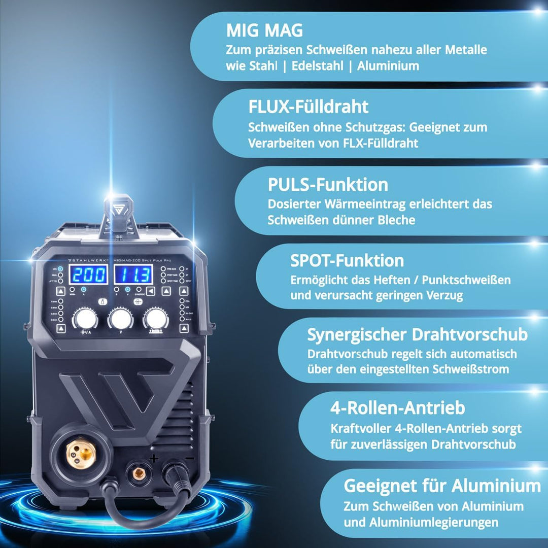 STAHLWERK Schweissgerät MIG MAG 200 Spot Puls Pro, Vollsynergischer IGBT Inverter, 5 in 1 Kombigerät