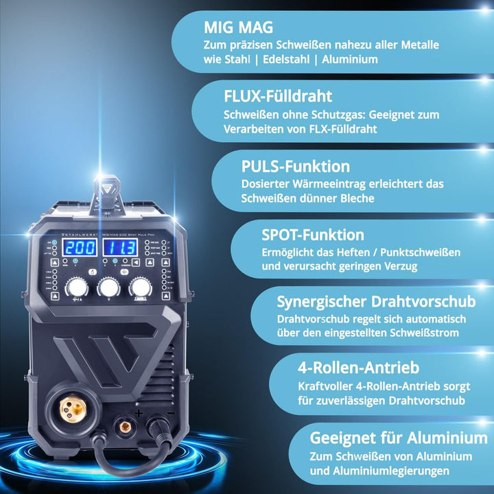 STAHLWERK Schweissgerät MIG MAG 200 Spot Puls Pro, Vollsynergischer IGBT Inverter, 5 in 1 Kombigerät