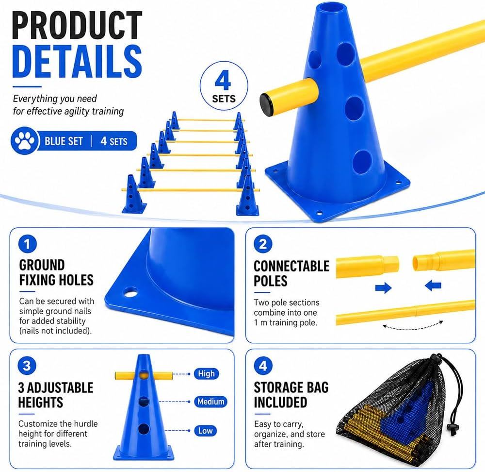 Steckhürdenset, Agility Set Hunde mit 8 Kegel(23cm) + 4 Stangen(1 m), Cavaletti Hund für Koordinatio