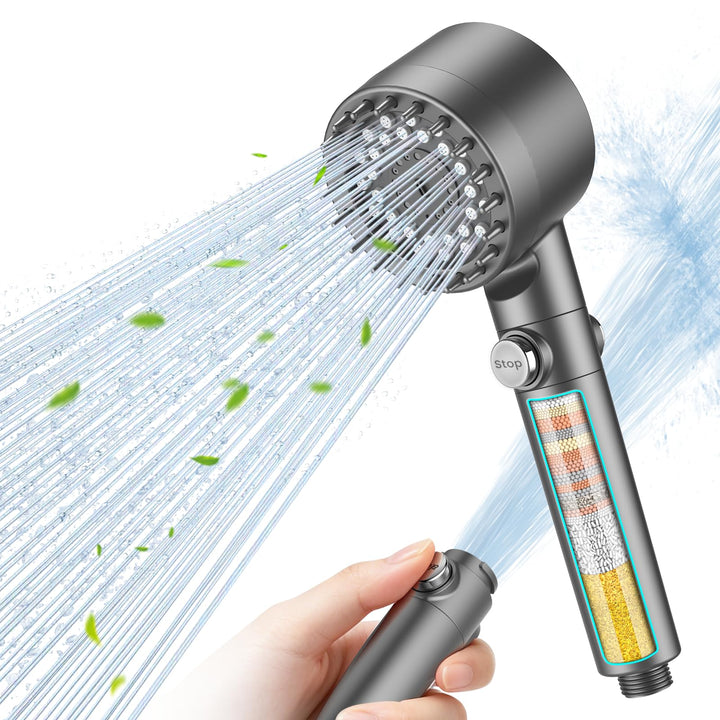 PWERAN Duschkopf mit Filter, 3+1 Strahlarten, Ein-Knopf-Wasserstopp, Grau Dunkelgrau 7.2 Liter pro M