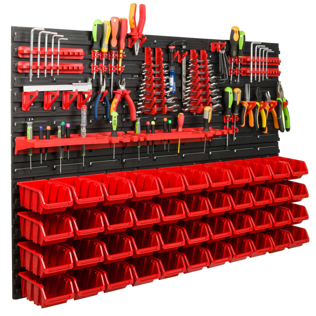 Lagersystem Werkstattregal | 117 x 78 cm | 44 stck. Box | Wandregal mit Werkzeughalterungen und Stap