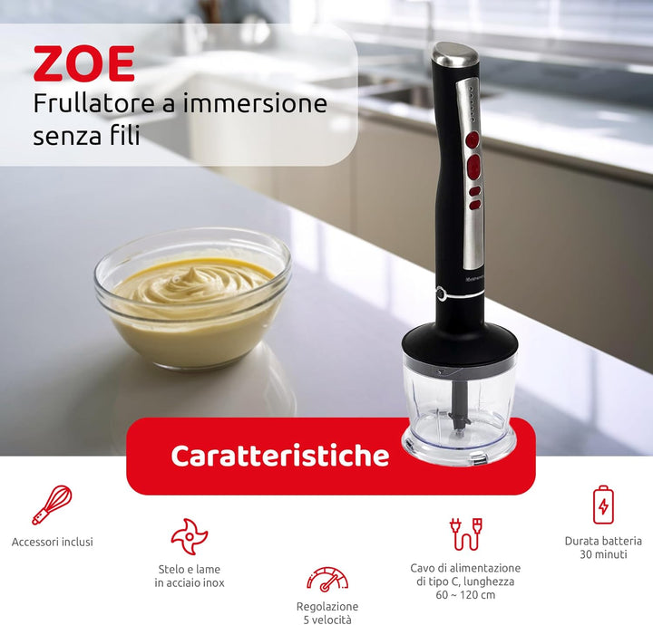 Melchioni Family | Wiederaufladbarer kabelloser Stabmixer Set mit Schneebesen, Zerkleinerer, Mixer u