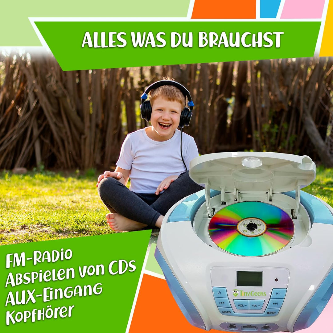 Tinygeeks Tunes Kids CD Player für Kinder - NEU 2024 - UKW-Radio - Inklusive Batterien - Blau - Boom