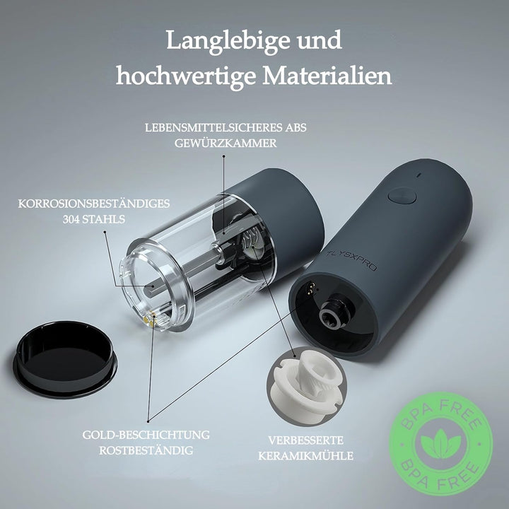 Salz und Pfeffermühle Elektrisch 2er Set, USB Wiederaufladbar, Einstellbarer Grobheit Gewürzmühle, P