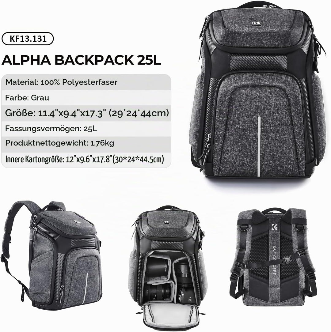 K&amp;F Concept Wasserdichter Professioneller Kamerarucksack,Fotorucksack für 2 Kameras und 15,6 Zoll La