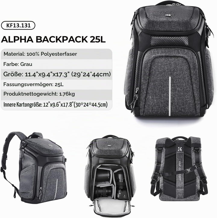 K&amp;F Concept Wasserdichter Professioneller Kamerarucksack,Fotorucksack für 2 Kameras und 15,6 Zoll La