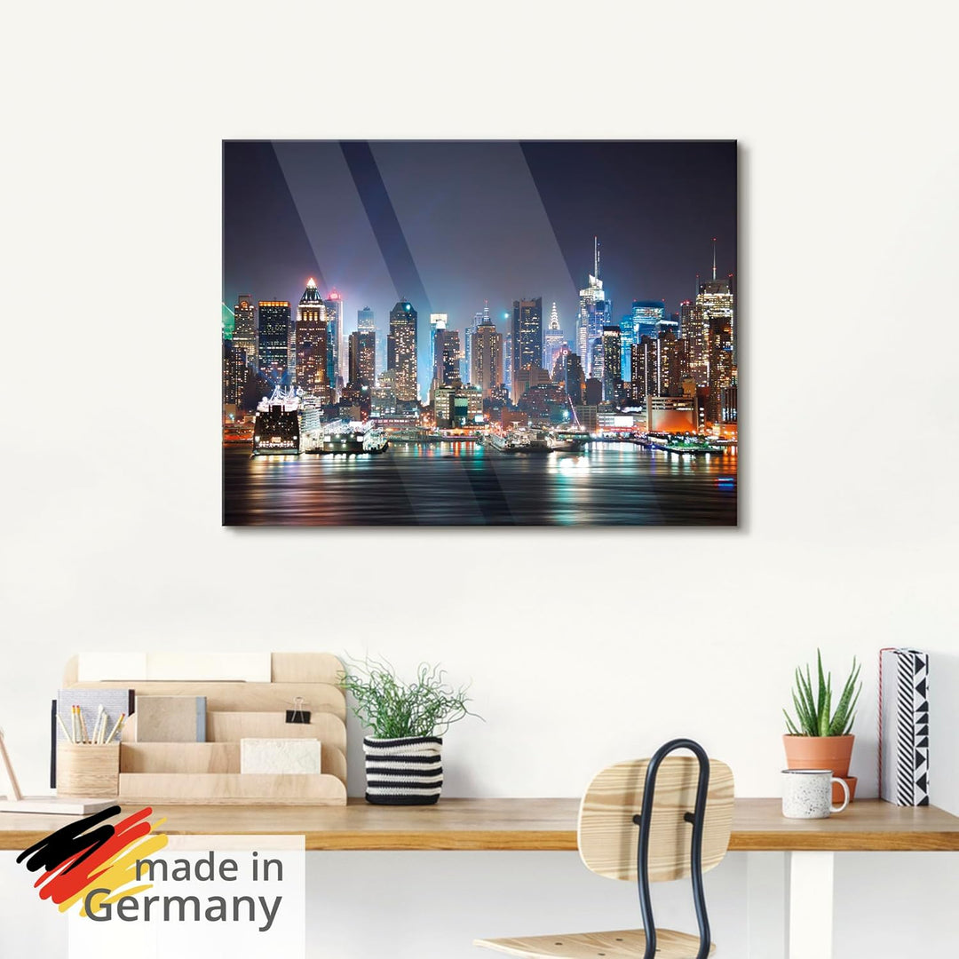 ARTland Glasbilder Wandbild Glas Bild einteilig 80x60 cm Querformat USA New York Skyline Nacht Times