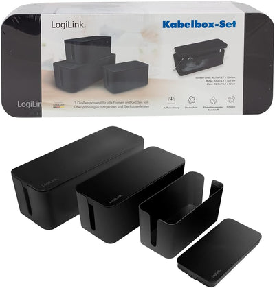 LogiLink KAB0077 - Kabelbox-Set mit 3 Boxen in 3 Grössen zum Verstecken von Kabelgewirr, schwarz