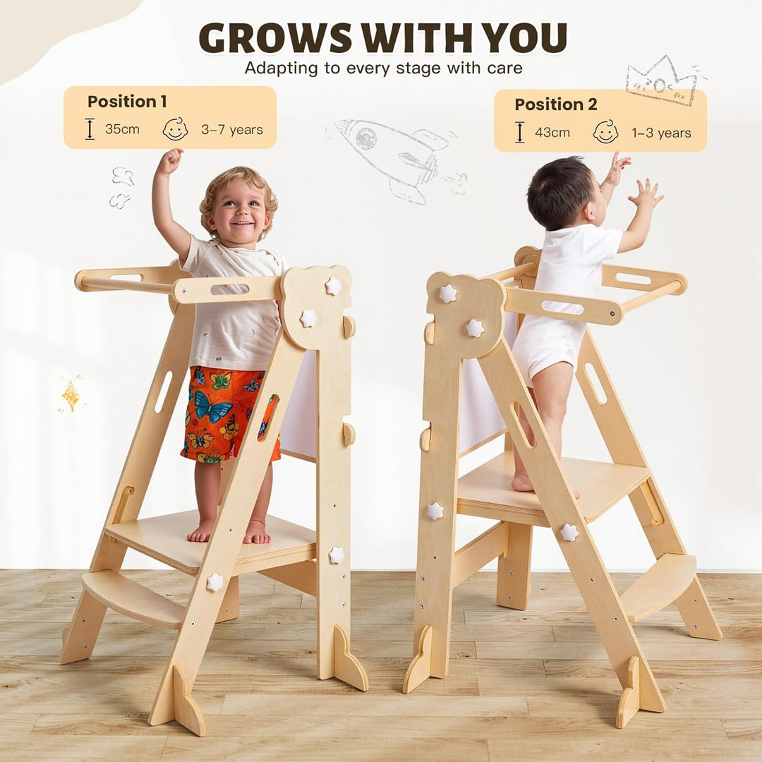 labebe Klappbar Lernturm für Kinder, Montessori Learning Tower mit Zweiseitige Tafel, 3 in 1 Einstel