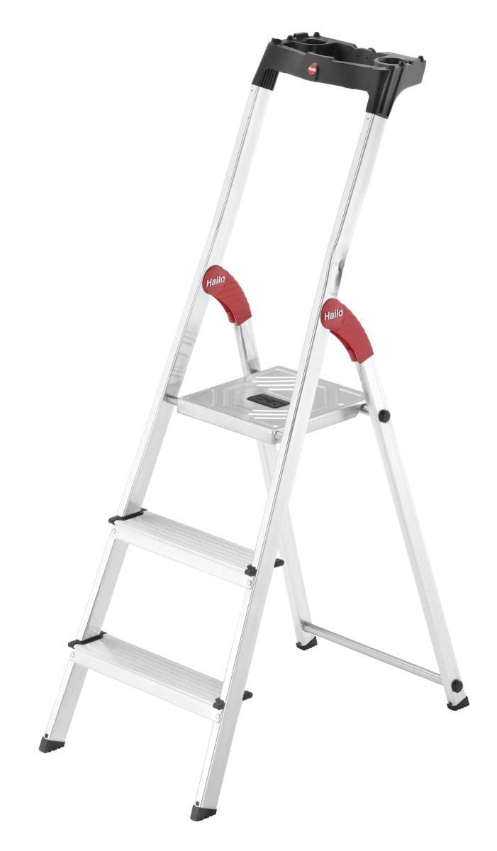 Hailo Stehleiter StandardLine 3 Stufen, belastbar bis 150 kg, kleine Leiter aus Aluminium mit Ablage