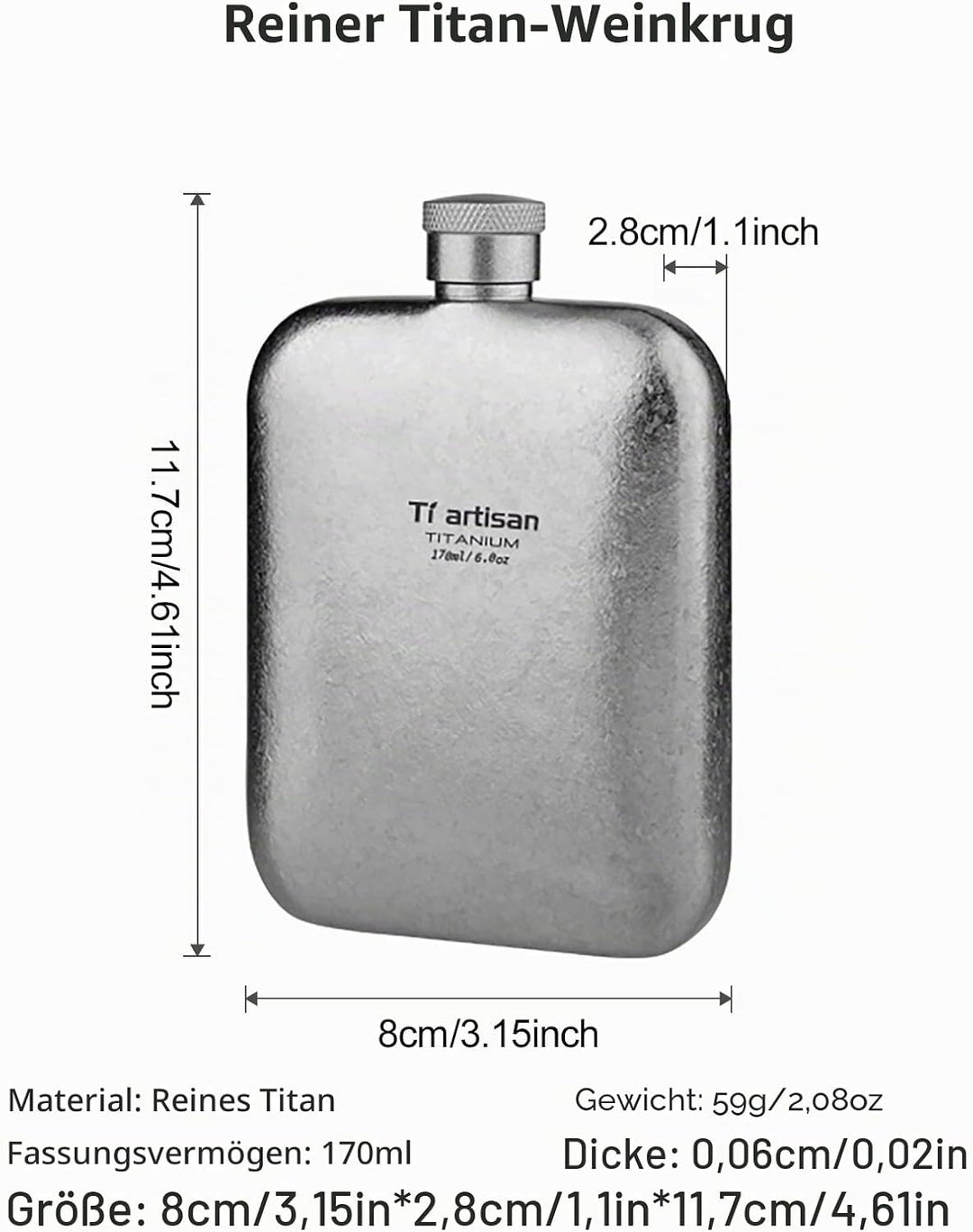 Titan Flachmann mit Trichter Ultraleichte Titanium Hip Flask Whisky Glaskolben für Outdoor-Camping,