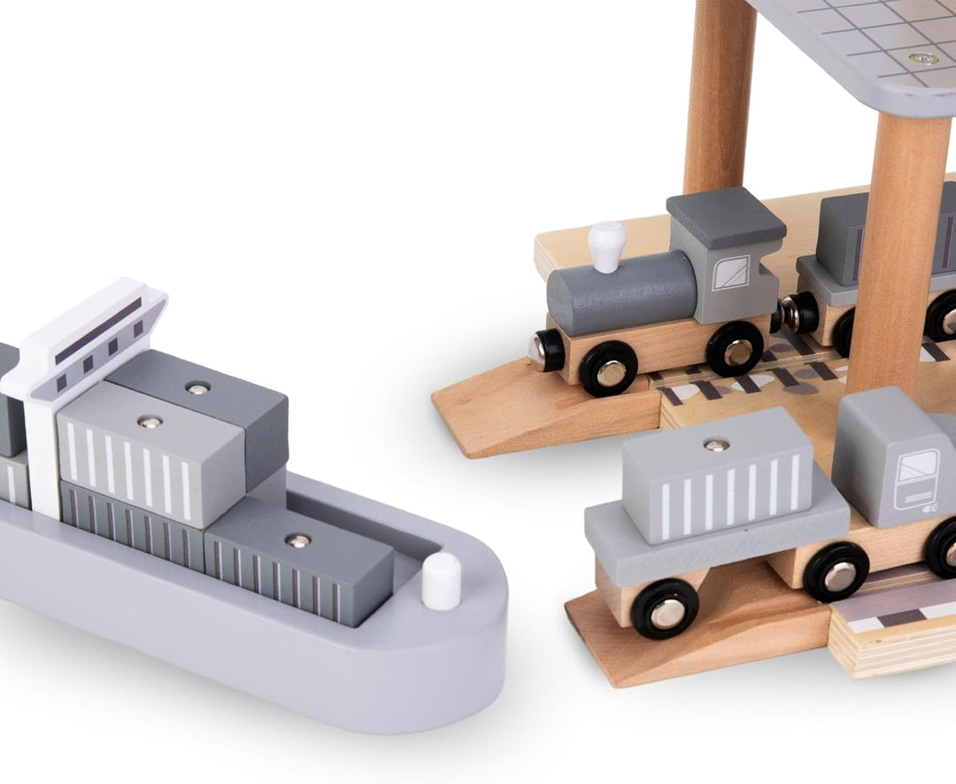 Mamabrum, Beweglicher Hafenkran mit Magnetwinde und Zubehör - Holz-Set, Beweglicher Kran, LKW, Wagen