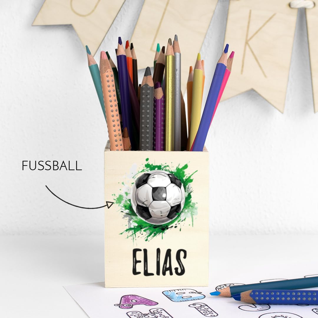 Personalisierter Stiftehalter aus Holz Stiftebecher mit Wunschname Schulkind - Jungs (Fussball), Fus
