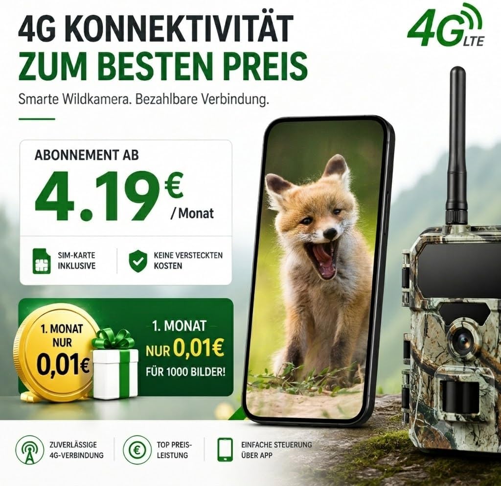 VOOPEAK 4G LTE Wildkamera mit SIM Karte, Wildtierkamera mit Handyübertragung App, 32MP 1080P Jagdkam