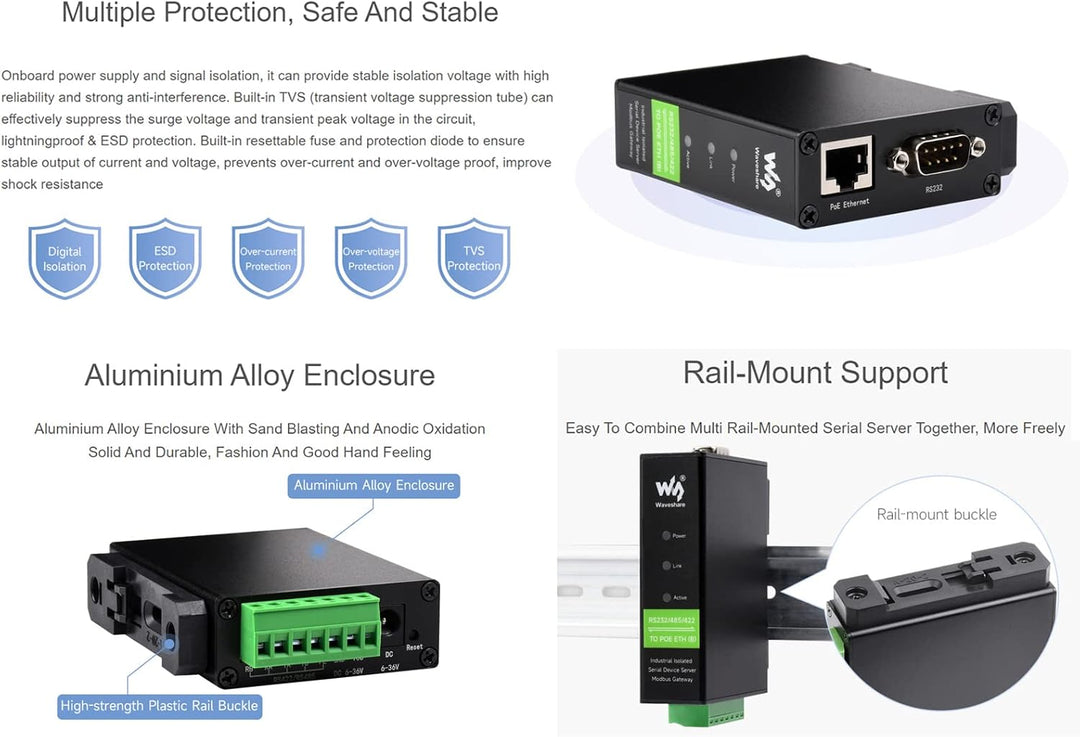 RS232/485/422 zu RJ45 Ethernet Konverter, TCP/IP zu Seriell, Modbus Gateway, Industrieller Isolierte