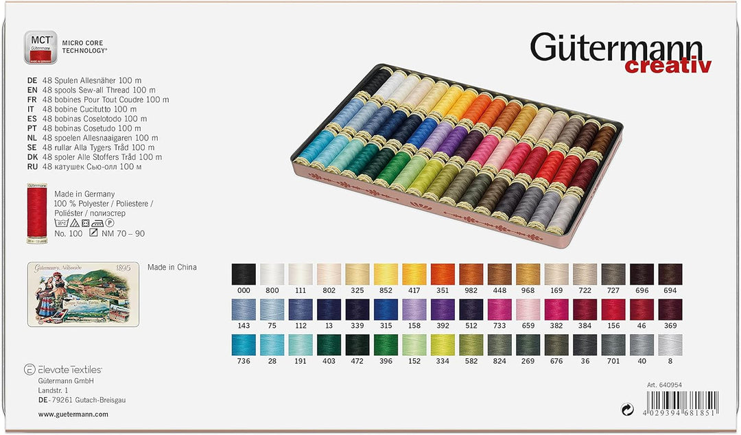 Gütermann creativ Nostalgie-Box mit 48 Spulen Allesnäher 100 m in verschiedenen Farben Mehrfabig 48