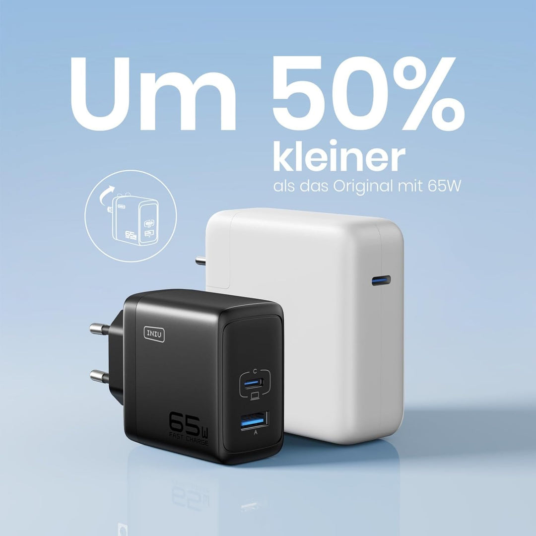 INIU 65W USB C Ladegerät, GaN Ⅱ 2-Port USB C-USB A Netzteil Steack Adapter GaN II Tech Schnellladege
