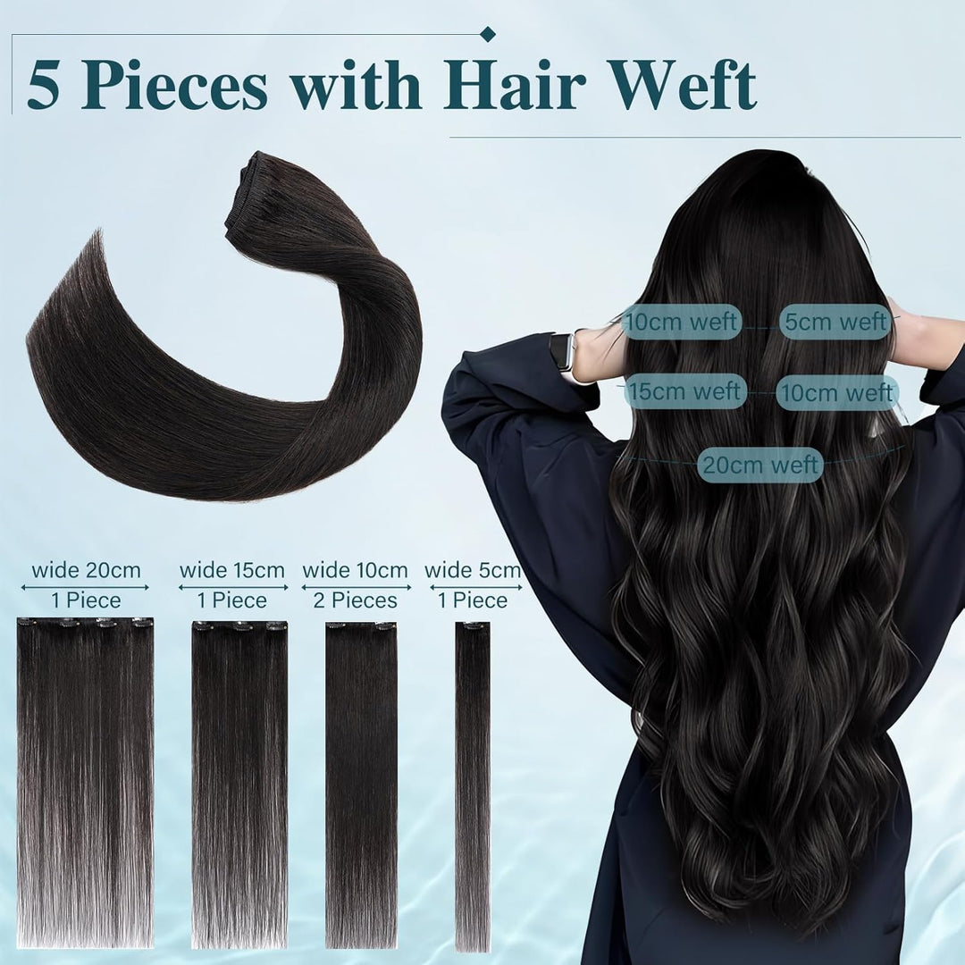 Elailite Clip in Extensions Echthaar, 5 Pcs Remy Haarverlängerung mit 12 Clips, 35cm-60g Glattes Haa
