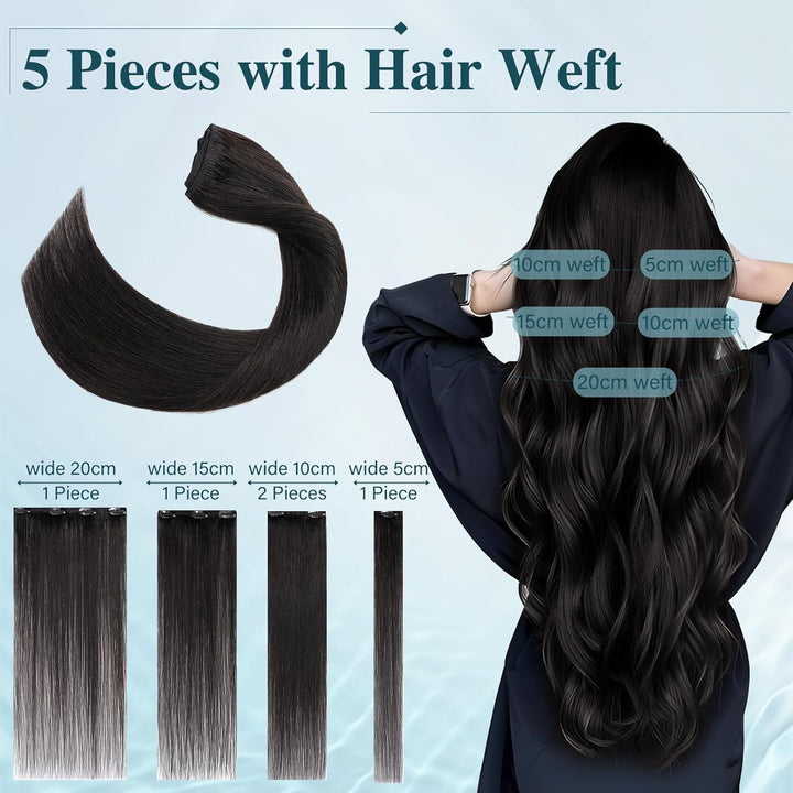 Elailite Clip in Extensions Echthaar, 5 Pcs Remy Haarverlängerung mit 12 Clips, 35cm-60g Glattes Haa