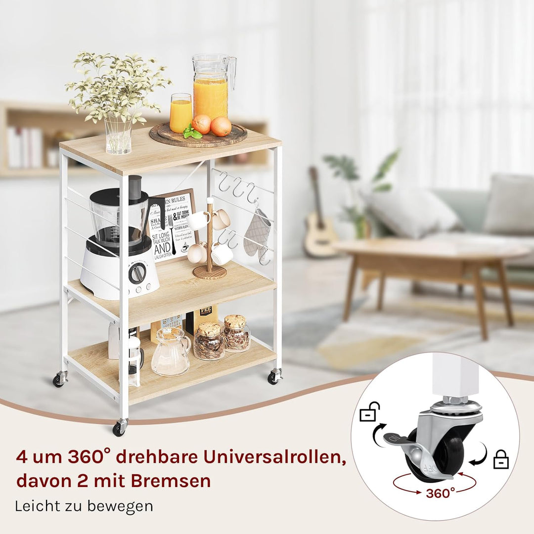 WOLTU Küchenregal auf Rollen, Mikrowellen-Regal mit 3 Ablagen & 4 Haken, dreistufiger Servierwagen m