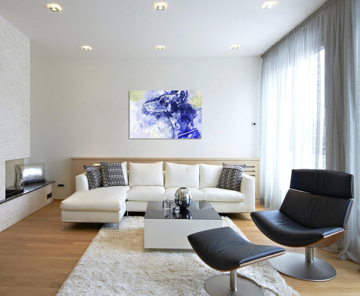Paul Sinus Art Bild Leinwand 120x80cm Dobermann im Seitenprofil in Blautönen mit Kalligraphie, 120x8