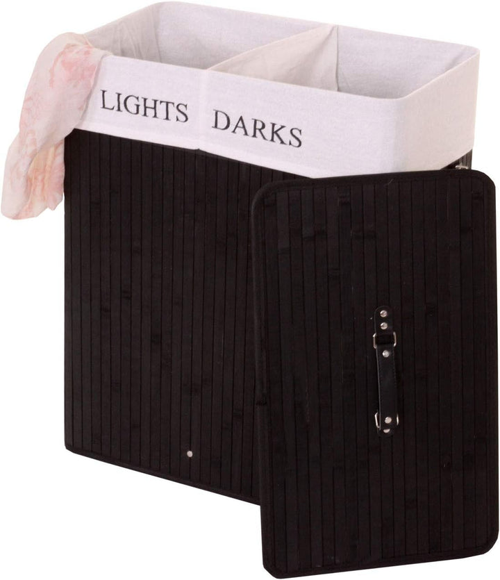 Wäschekorb HWC-C21, Laundry Wäschebox Wäschesammler Wäschebehälter, Bambus 2 Fächer 63x55x34cm 100l