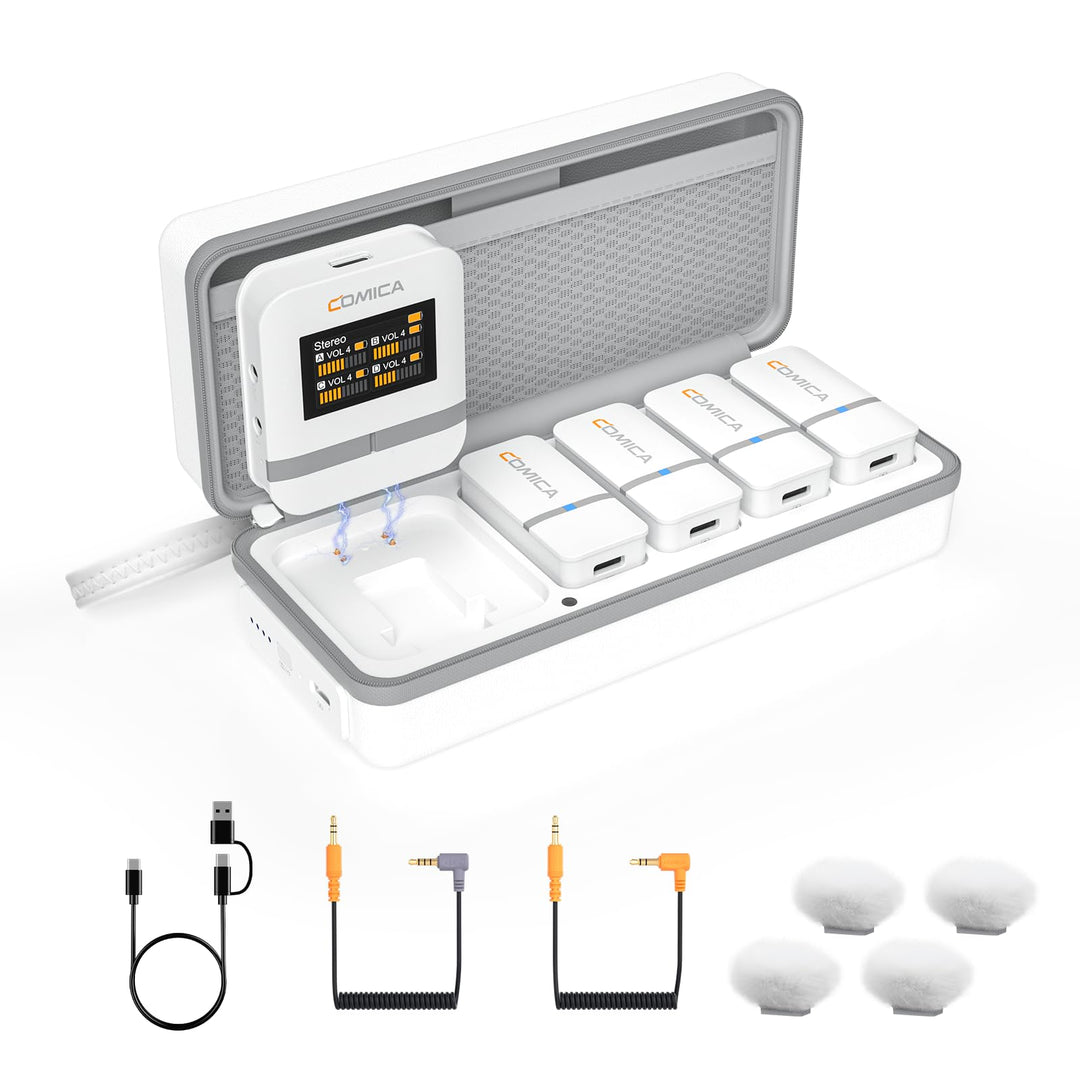 comica Vimo Q Lavalier Wireless Mikrofon mit 4 Sendern und 1 Receiver, 48kHz/24bit Audioqualität, Ge