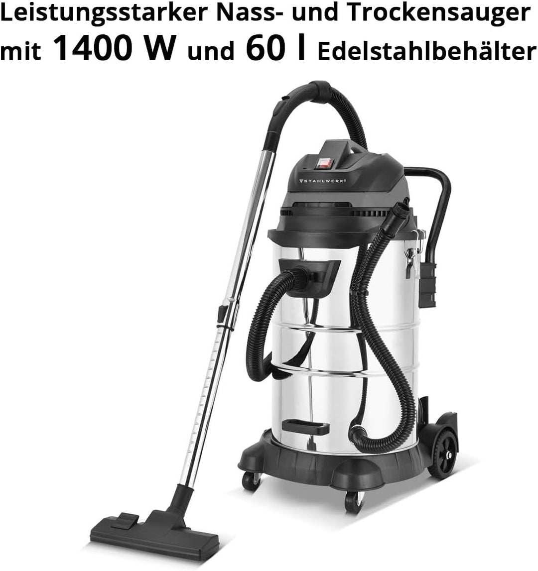 STAHLWERK Nass- und Trockensauger VCL-1400 ST – 1400 W Industriesauger mit 60 L Metallbehälter, Blas