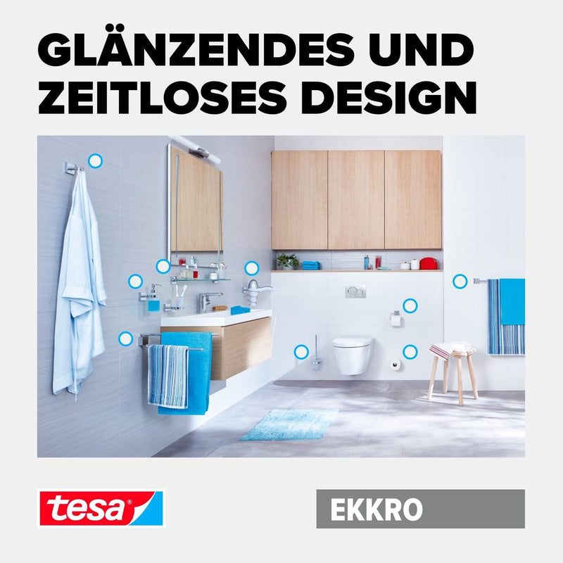 tesa EKKRO Doppel-Handtuchstange, verchromt - Badetuchhalter mit 2 Stangen - zur Wandbefestigung ohn