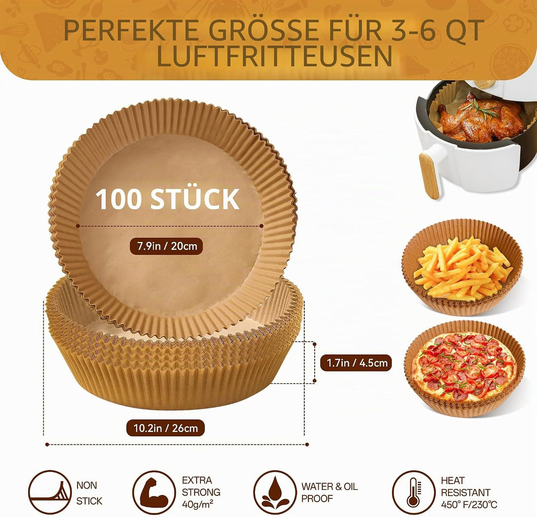 100 Stück Backpapier für Heissluftfritteuse, Rund 20cm BPA-Free Airfryer Backpapier Paper für Heissl