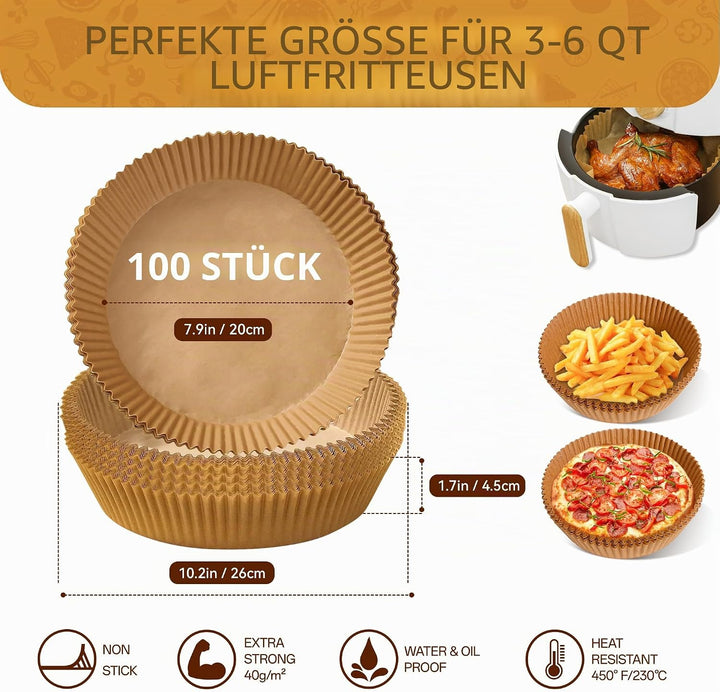 100 Stück Backpapier für Heissluftfritteuse, Rund 20cm BPA-Free Airfryer Backpapier Paper für Heissl