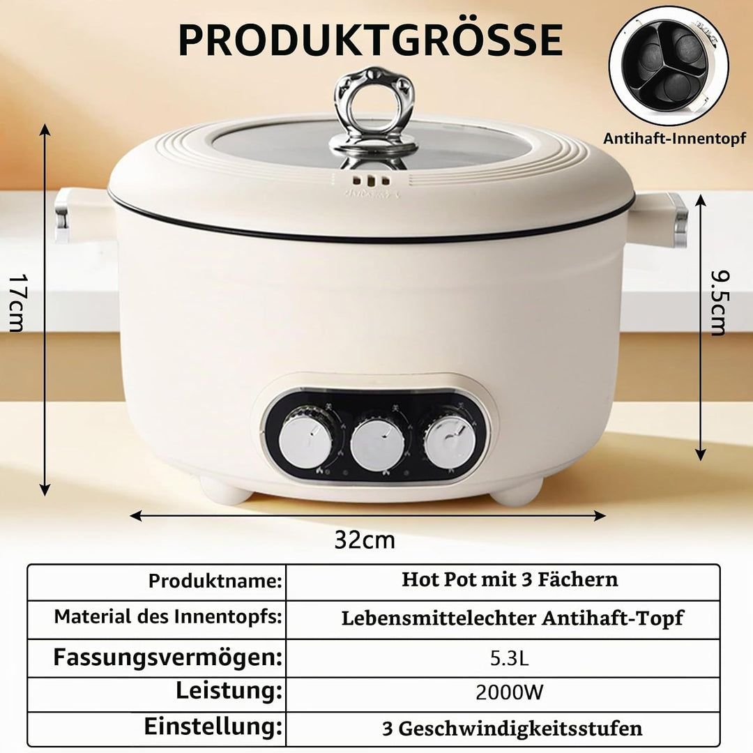 Hotpot Elektrisch Pot, 5.3L Elektrischer Kochtopf mit Schnellheizung&amp;Drei Drehknöpfe, 1600W Elektris