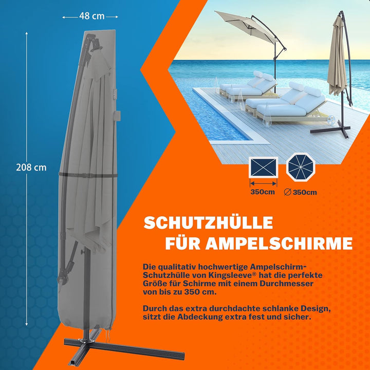 KINGSLEEVE® Sonnenschirm Schutzhülle mit Stab bis Ø 350 cm Winterfest Gross Ampelschirm Gartenschirm