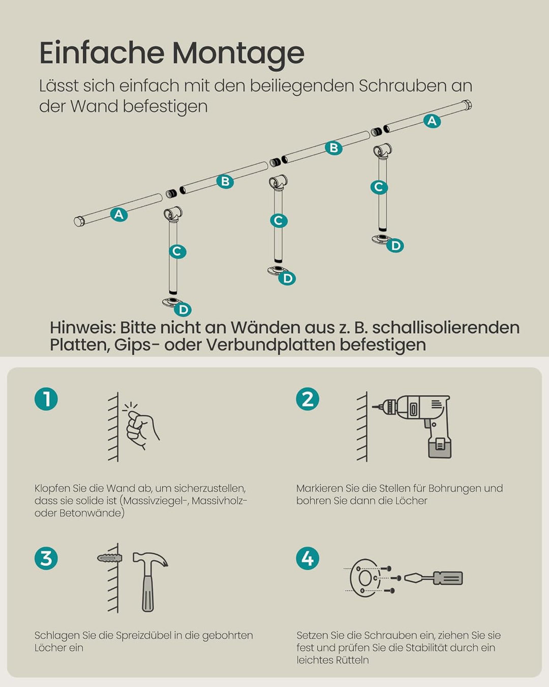 SONGMICS Kleiderstange für die Wand, Kleiderständer Wandmontage, Industrie-Design, platzsparend, 30