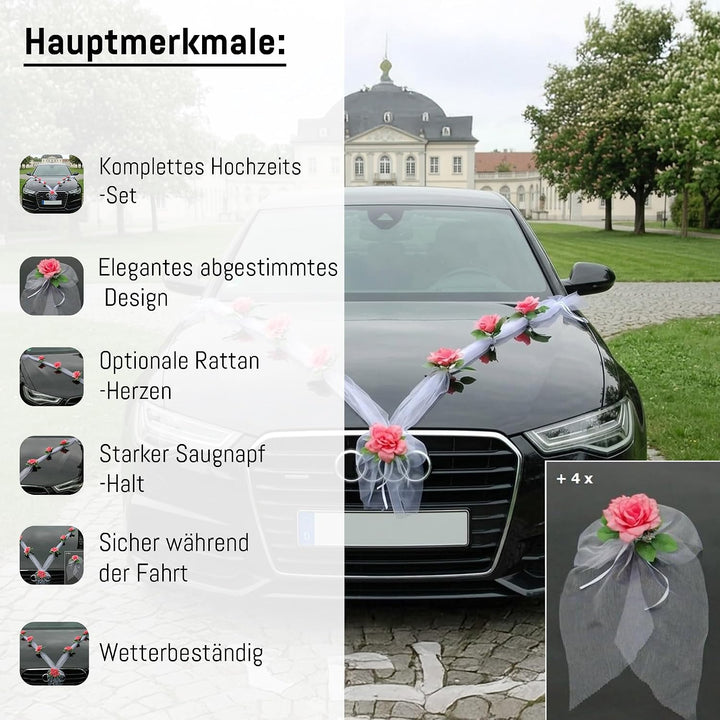 Organza M + Schleife Auto Schmuck Braut Paar Rose Deko Dekoration Autoschmuck Hochzeit Car Auto Wedd
