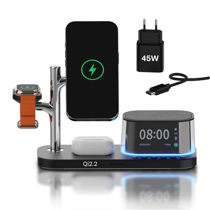 Kabellose Ladestation 5-in-1 mit Wecker, Bluetooth-Lautsprecher & LED-Nachtlicht für MagSafe von MMO