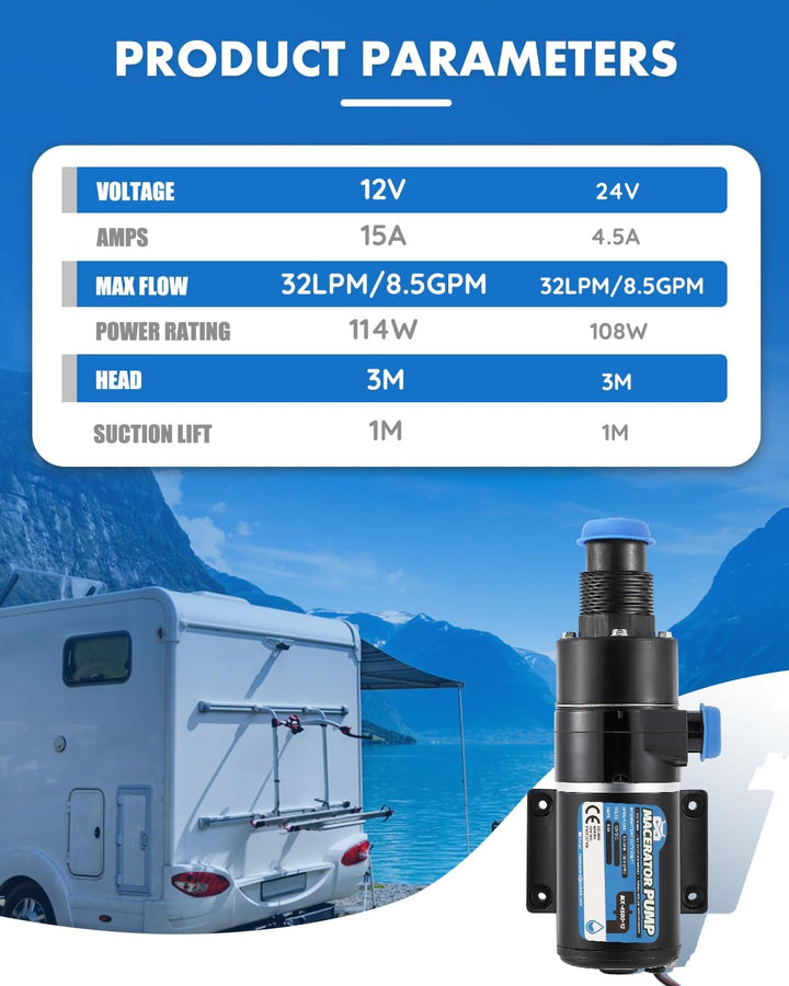 Mxmoonant 12V DC Fäkalien-Absaugpumpe, Zerkleinerungspumpensystem, 32 Lpm/min, 114W, mit vierköpfige